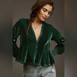 Anthropologie Deep Green Velvet Blouse
